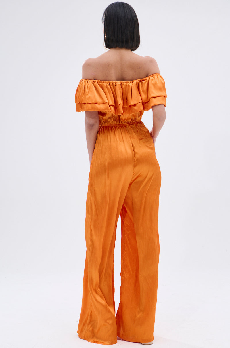 BYE BYE WINTER BLUES OFF THE SHOULDER SATIN JUMPSUIT