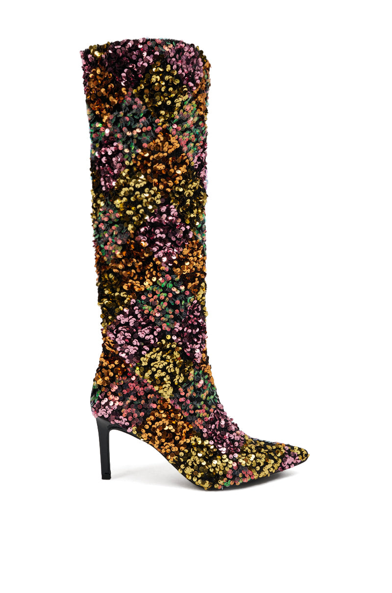 AZALEA WANG JIMENA MULTI GOLD SEQUIN KNEE HIGH STILETTO BOOT