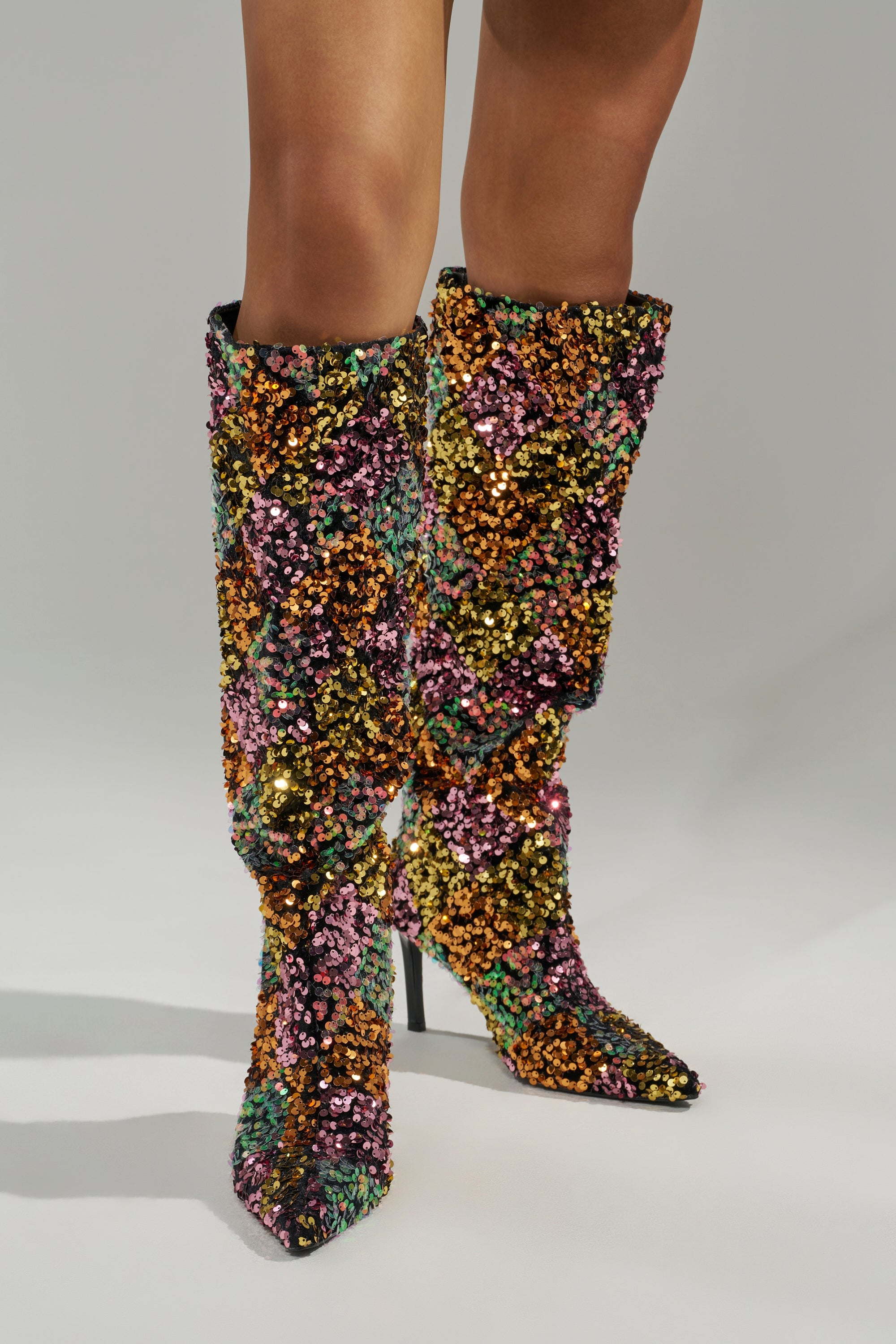 AZALEA WANG JIMENA MULTI GOLD SEQUIN KNEE HIGH STILETTO BOOT