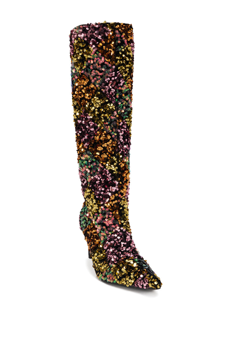 AZALEA WANG JIMENA MULTI GOLD SEQUIN KNEE HIGH STILETTO BOOT