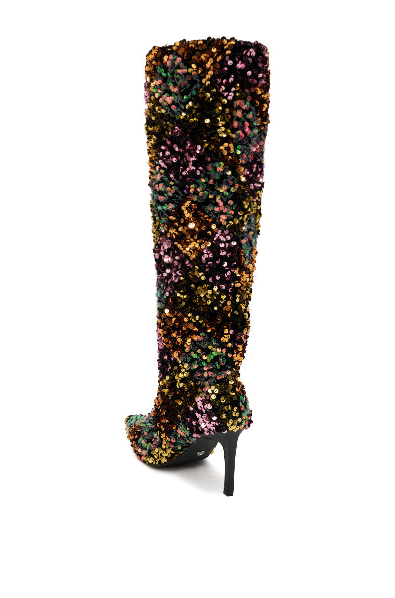 AZALEA WANG JIMENA MULTI GOLD SEQUIN KNEE HIGH STILETTO BOOT