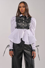 ALWAYS FABULOUS FAUX LEATHER DETAIL BUTTON DOWN BLOUSE