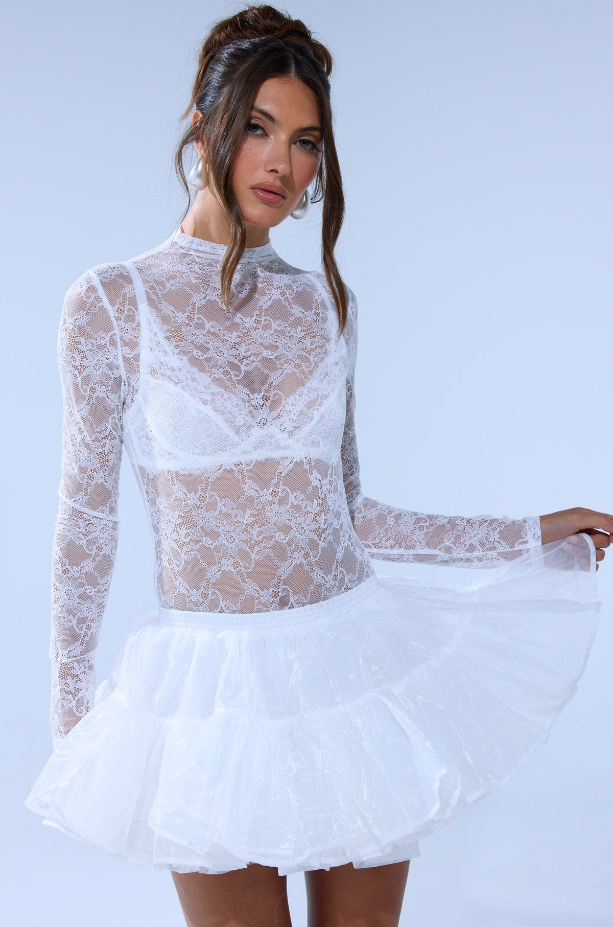 EVERYDAY MOCK NECK LACE BODYSUIT IN WHITE