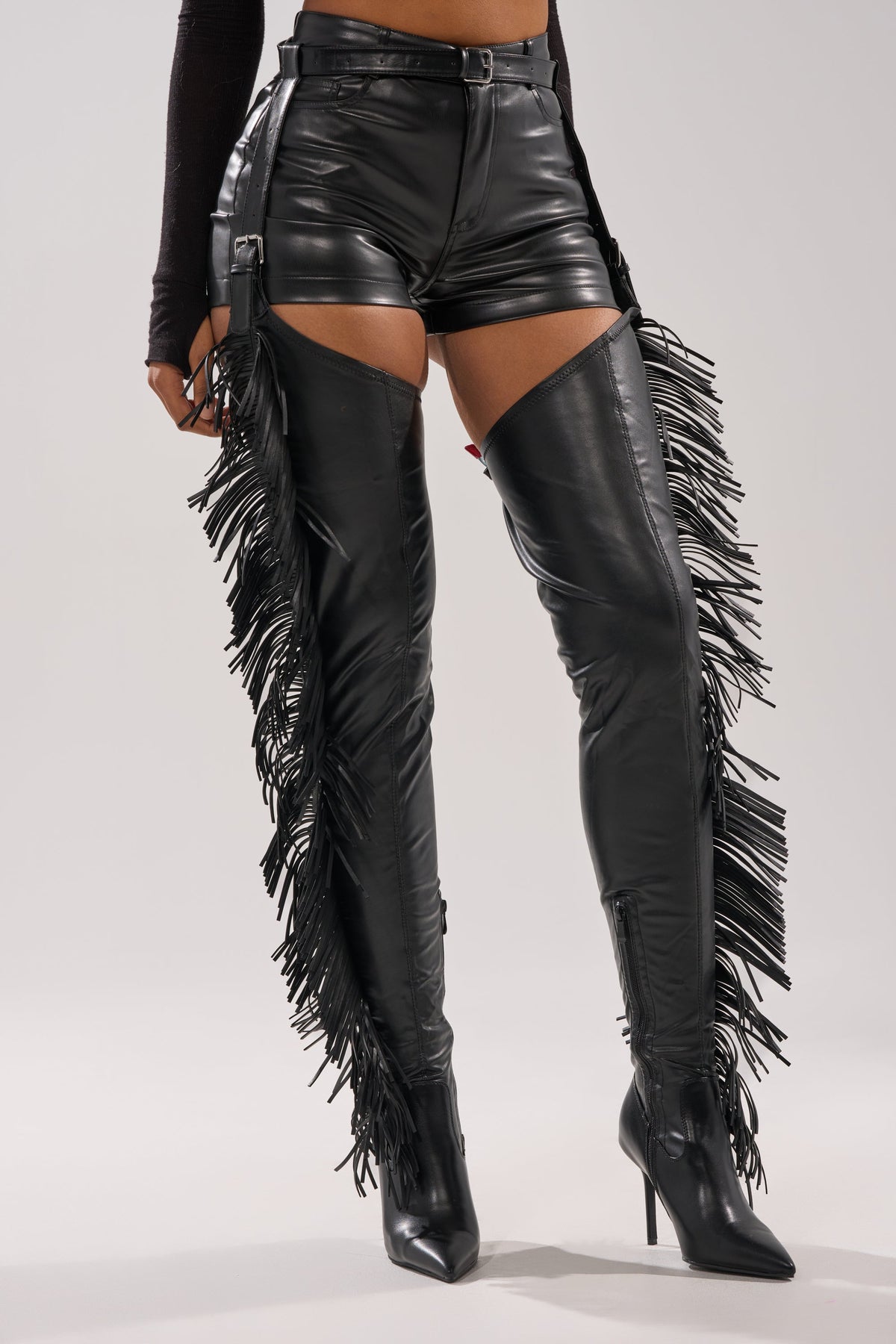 AZALEA WANG KATRICE BLACK STILETTO WESTERN FRINGE CHAP BOOT
