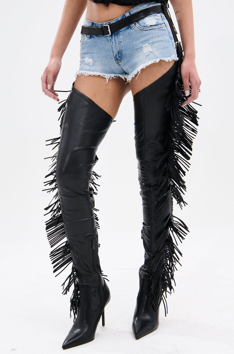 AZALEA WANG KATRICE BLACK STILETTO WESTERN FRINGE CHAP BOOT