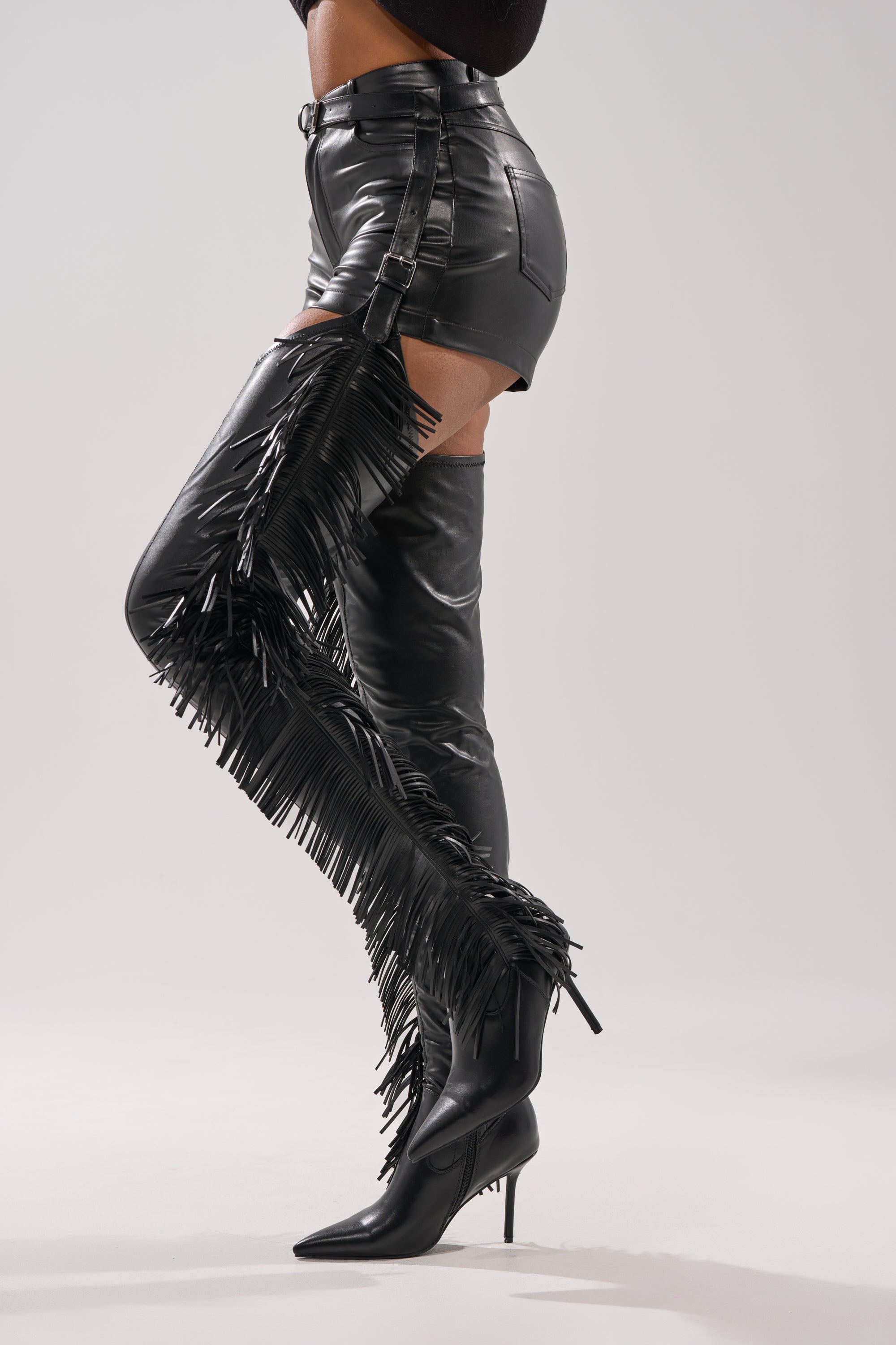 AZALEA WANG KATRICE BLACK STILETTO WESTERN FRINGE CHAP BOOT