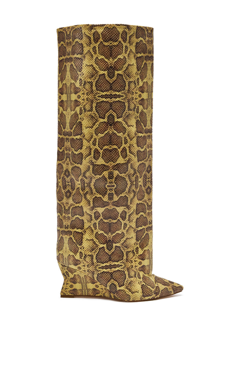 AZALEA WANG KENYA YELLOW SNAKE PRINT KNEE HIGH WEDGE BOOT
