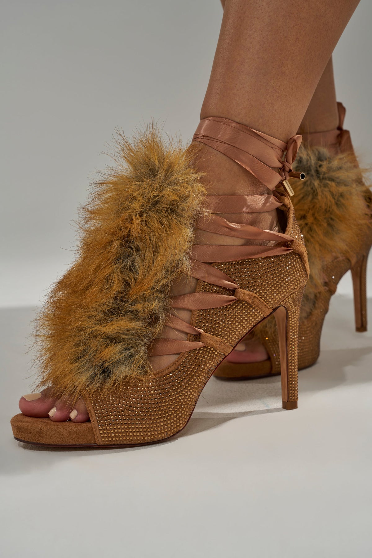 AZALEA WANG MADHAV BRONZE RHINESTONE AND FOX FUR SANDAL