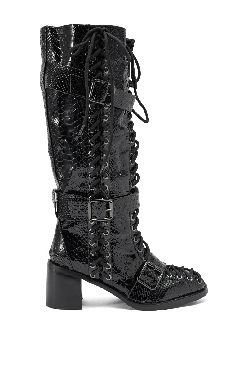 AZALEA WANG MAKAR BLACK CROC LACE UP DETAIL BOOT