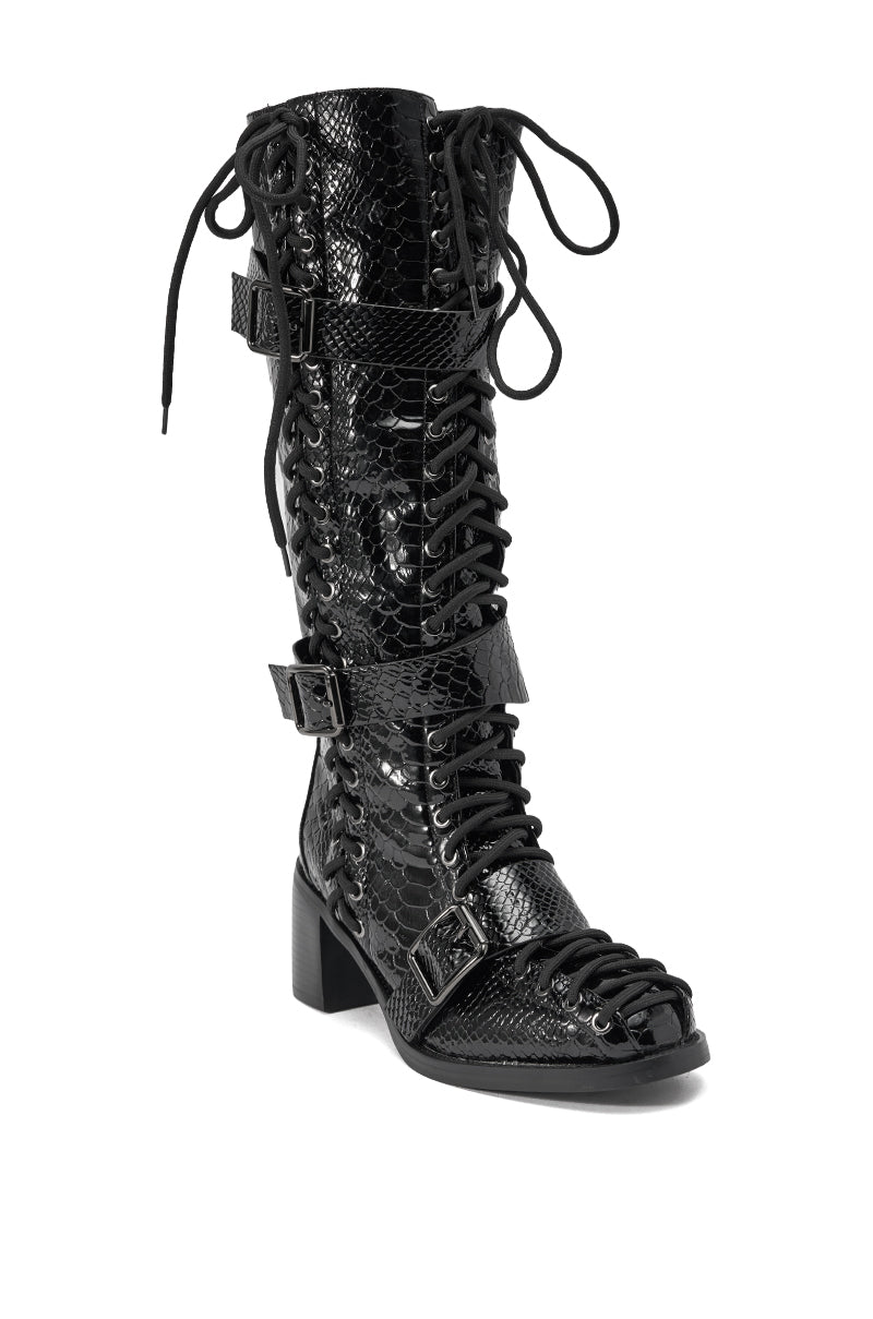 AZALEA WANG MAKAR BLACK CROC LACE UP DETAIL BOOT