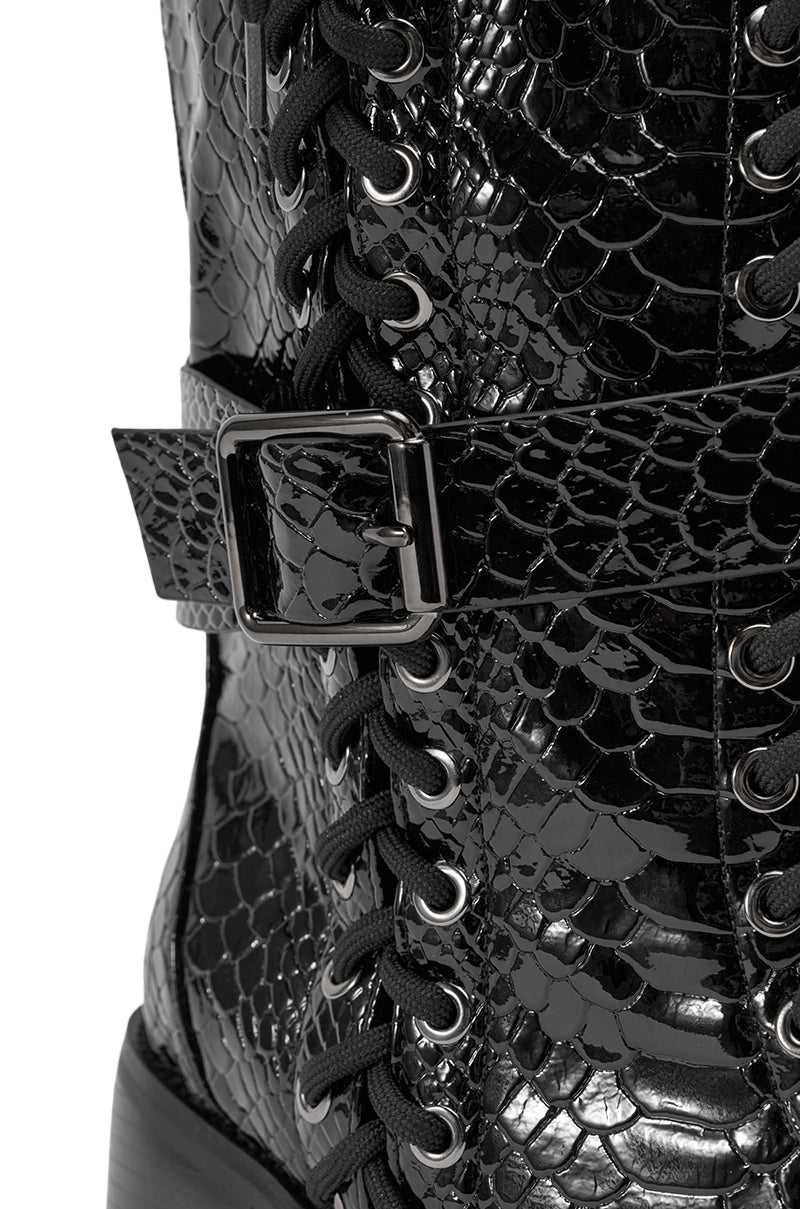 AZALEA WANG MAKAR BLACK CROC LACE UP DETAIL BOOT