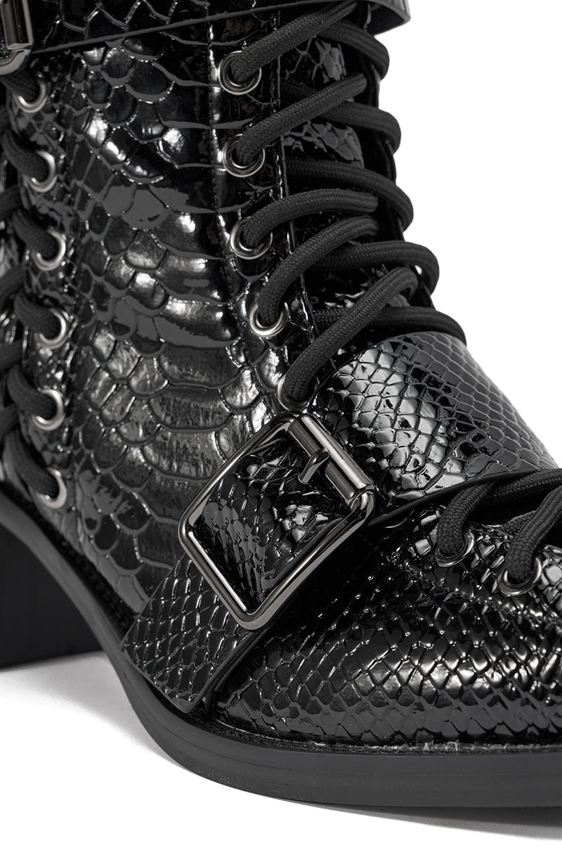AZALEA WANG MAKAR BLACK CROC LACE UP DETAIL BOOT