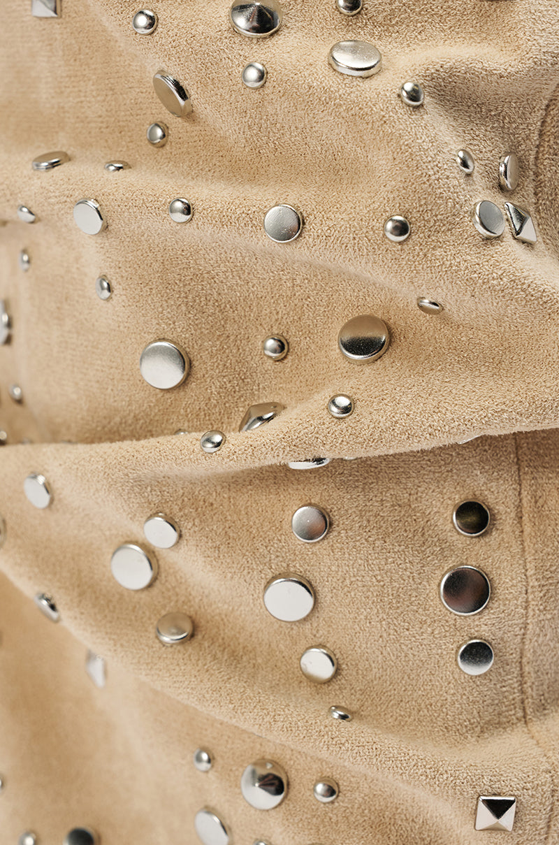 AZALEA WANG NAOMANI FAUX SUEDE BEIGE STUDDED OPEN TOE HEEL