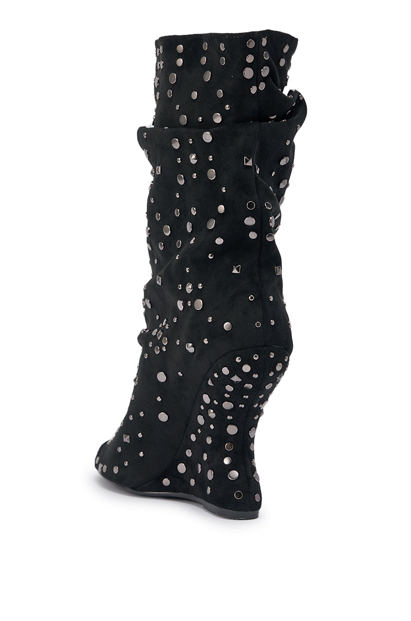 AZALEA WANG NAOMANI FAUX SUEDE BLACK STUDDED OPEN TOE BOOTIE