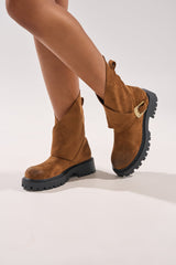 AZALEA WANG PHRIXUS BROWN CHUNKY SHORT SHAFT FAUX SUEDE BOOT