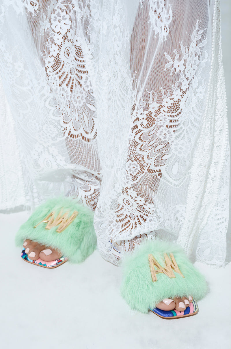 AZALEA WANG RAFAELA GREEN SLIP ON FURRY SANDAL