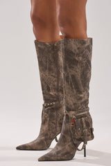 AZALEA WANG RONDEL BROWN MULTI DISTRESSED STILETTO BOOT