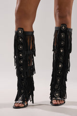 AZALEA WANG SAMEYANA BLACK FRINGE AND METAL STILETTO GLADIATOR SANDAL
