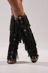 AZALEA WANG SAMEYANA BLACK FRINGE AND METAL STILETTO GLADIATOR SANDAL
