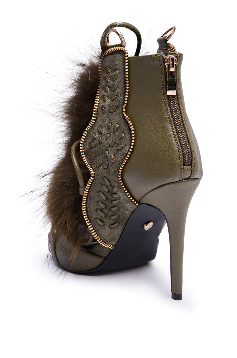 AZALEA WANG SHAINY OLIVE FUR SANDAL
