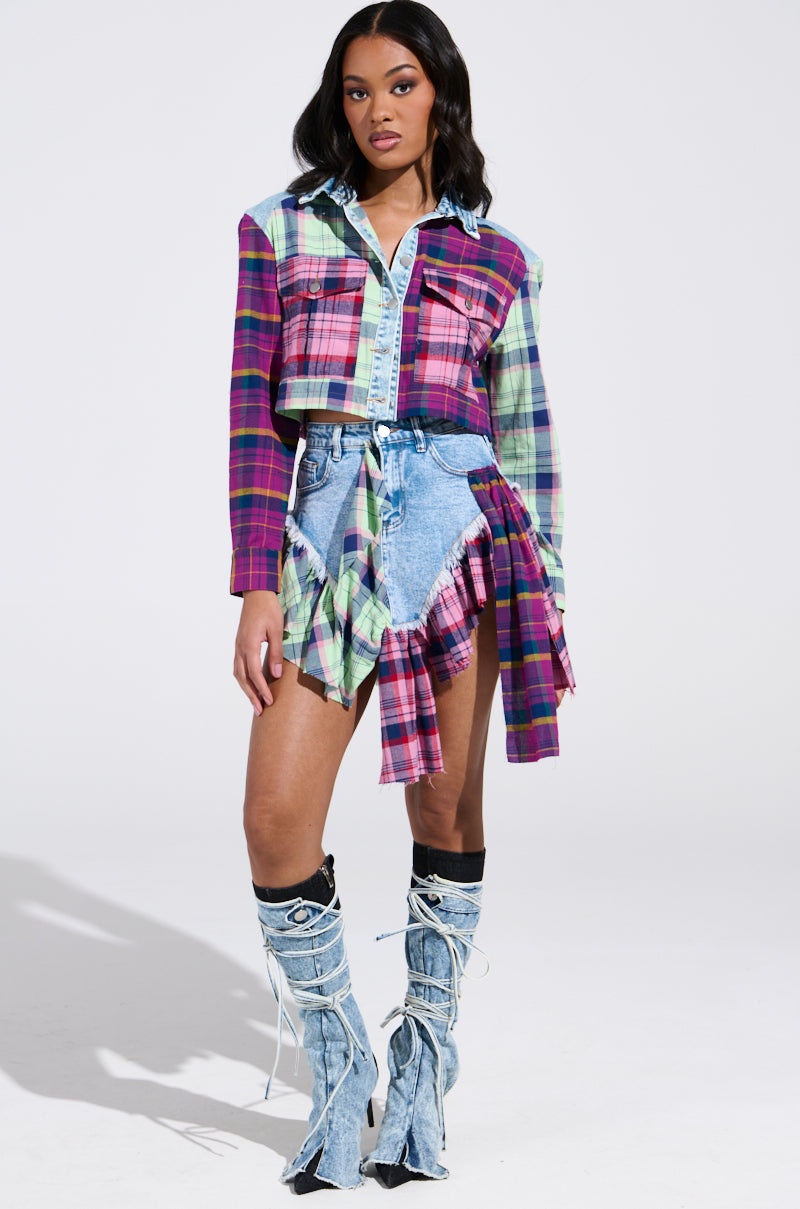 THINK ABOUT ME MORE BUTTON DOWN TOP WITH PLAID DETAILS