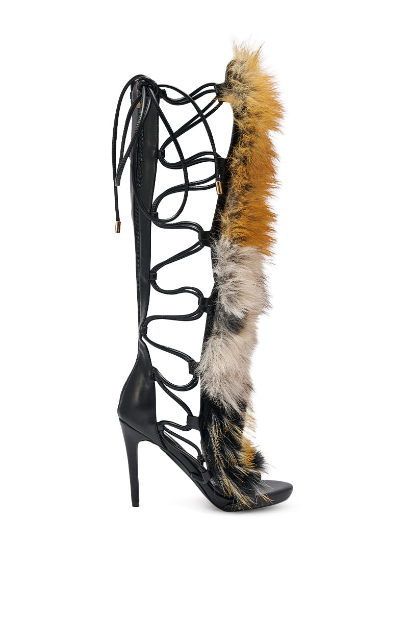 AZALEA WANG STAMOS BLACK MULTI FUR GLADIATOR STILETTO SANDAL