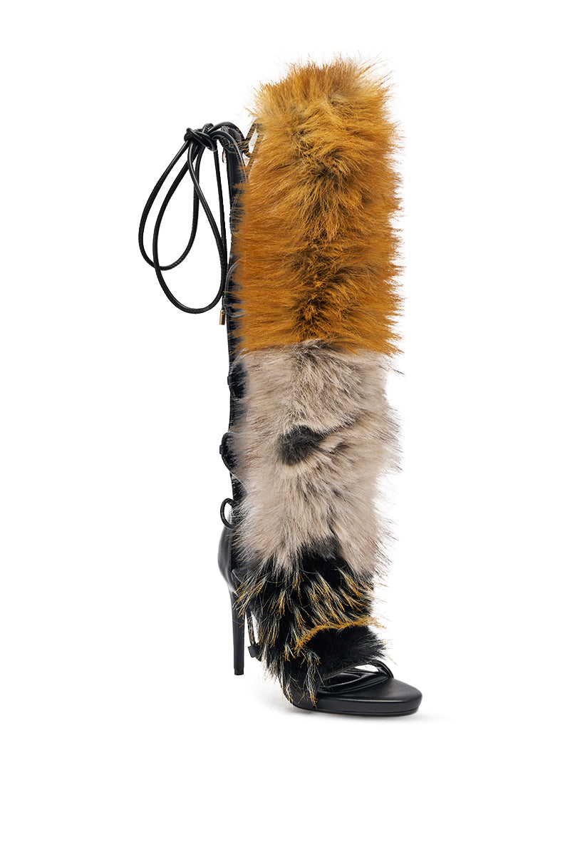 AZALEA WANG STAMOS BLACK MULTI FUR GLADIATOR STILETTO SANDAL