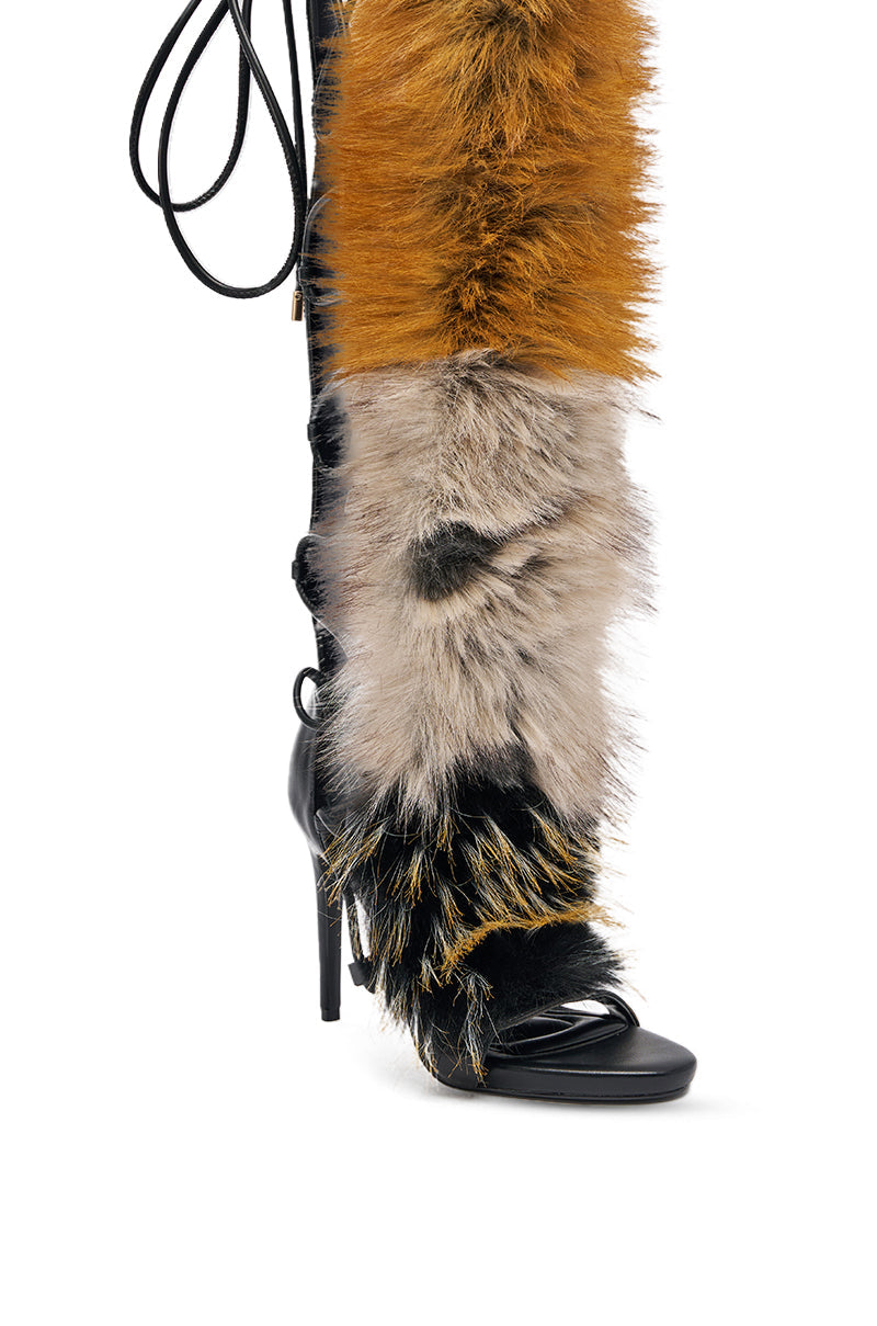 AZALEA WANG STAMOS BLACK MULTI FUR GLADIATOR STILETTO SANDAL