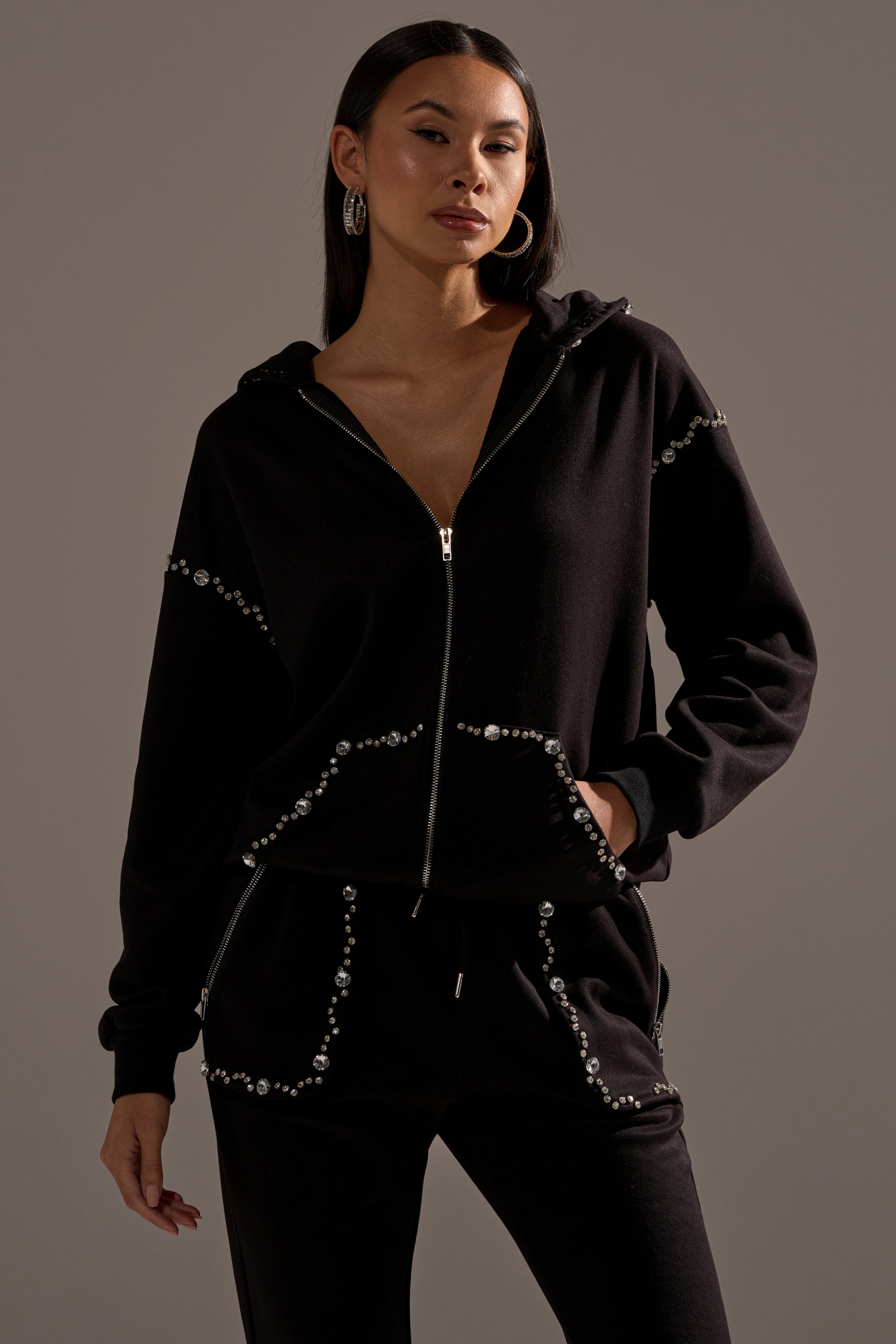 COZY HOLIDAY RHINESTONE ZIP UP SWEATSHIRT IN BLACK