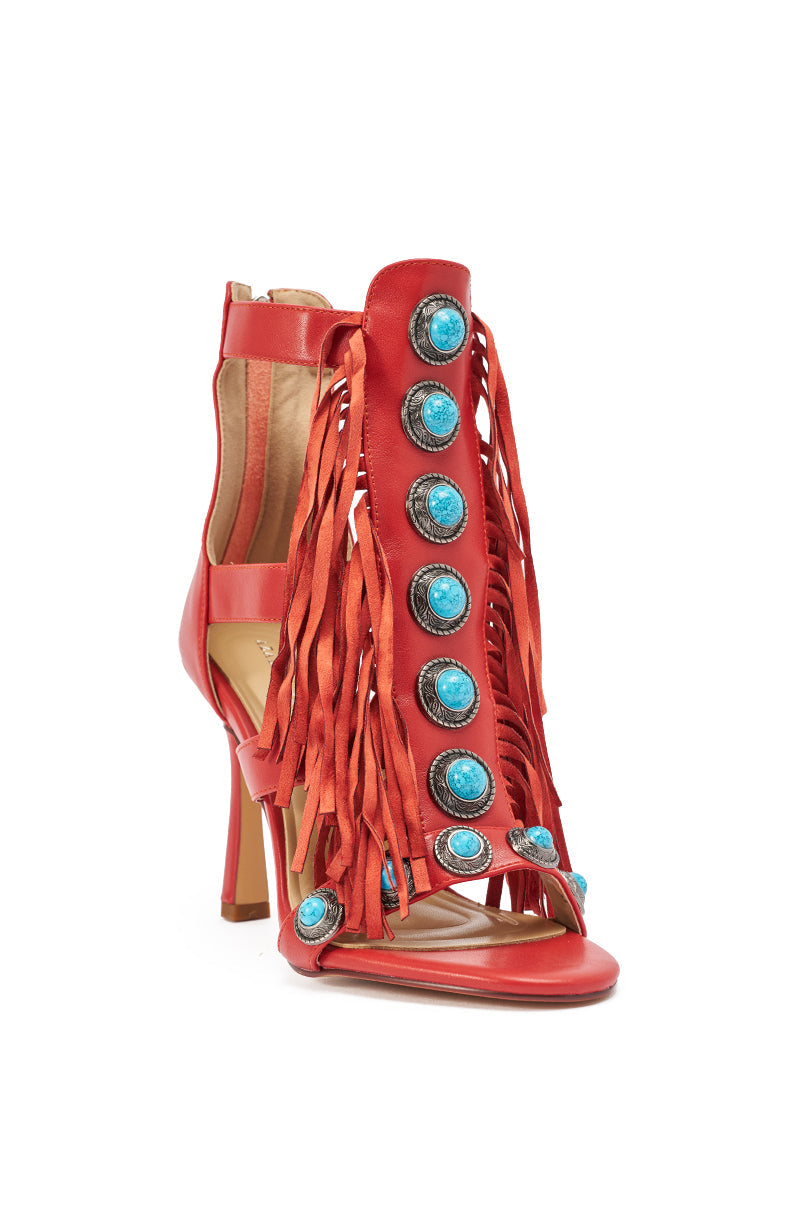 AZALEA WANG SUMAC RED FRINGE WESTERN STILETTO SANDAL