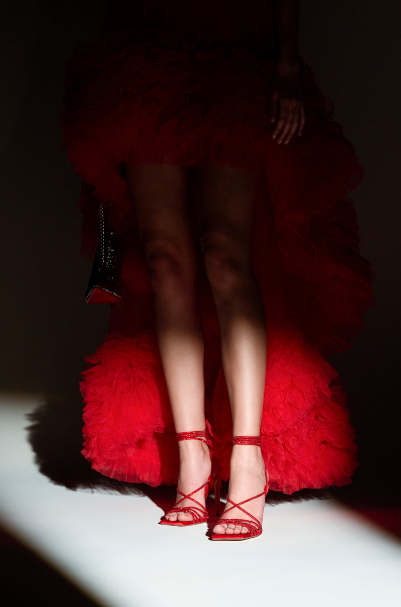 AZALEA WANG THUNDERMINE RED VELVET EMBELLISHED STILETTO SANDAL