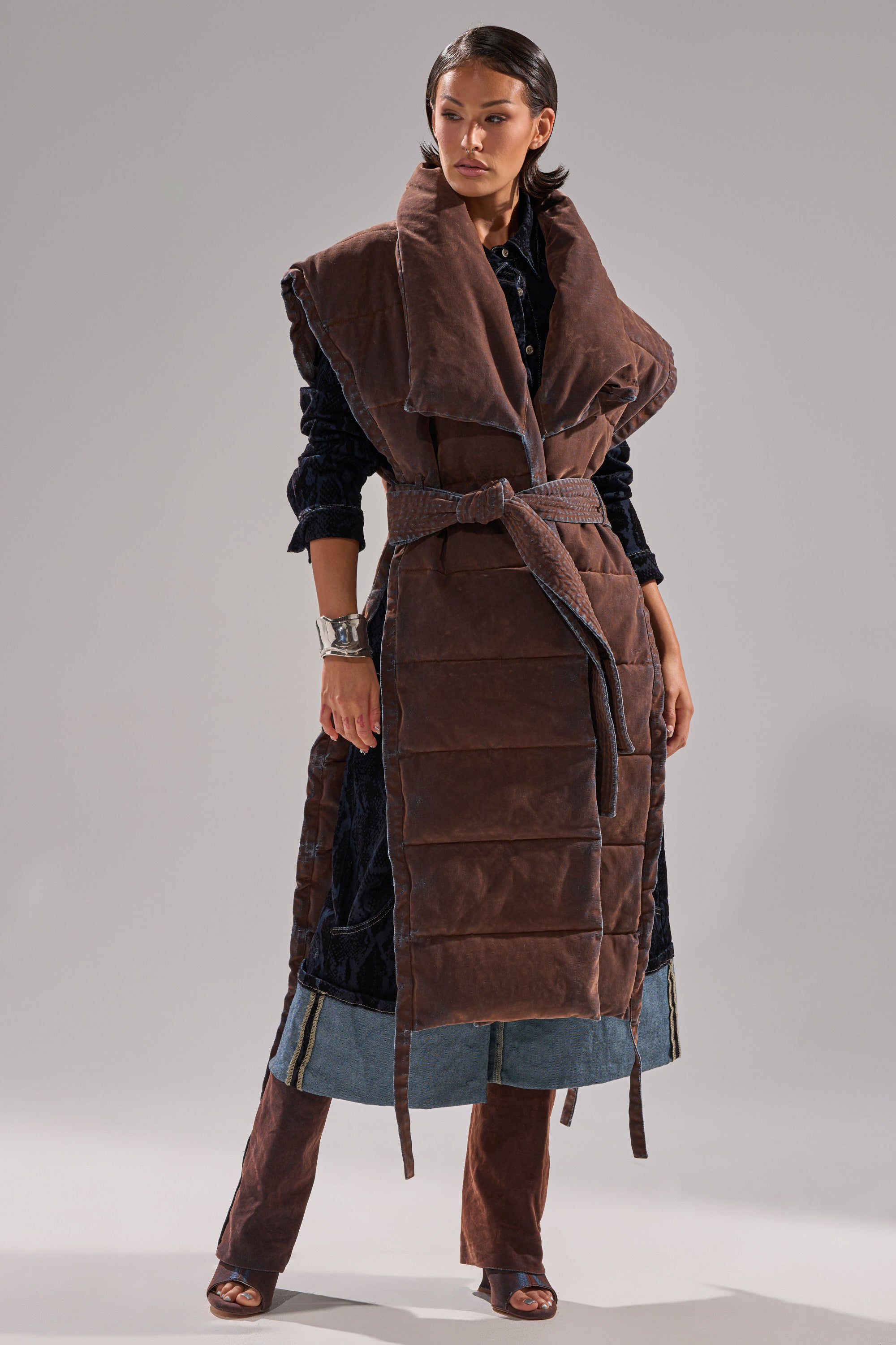 PILOT JONES LONGLINE PUFFER VEST IN VELVET DENIM