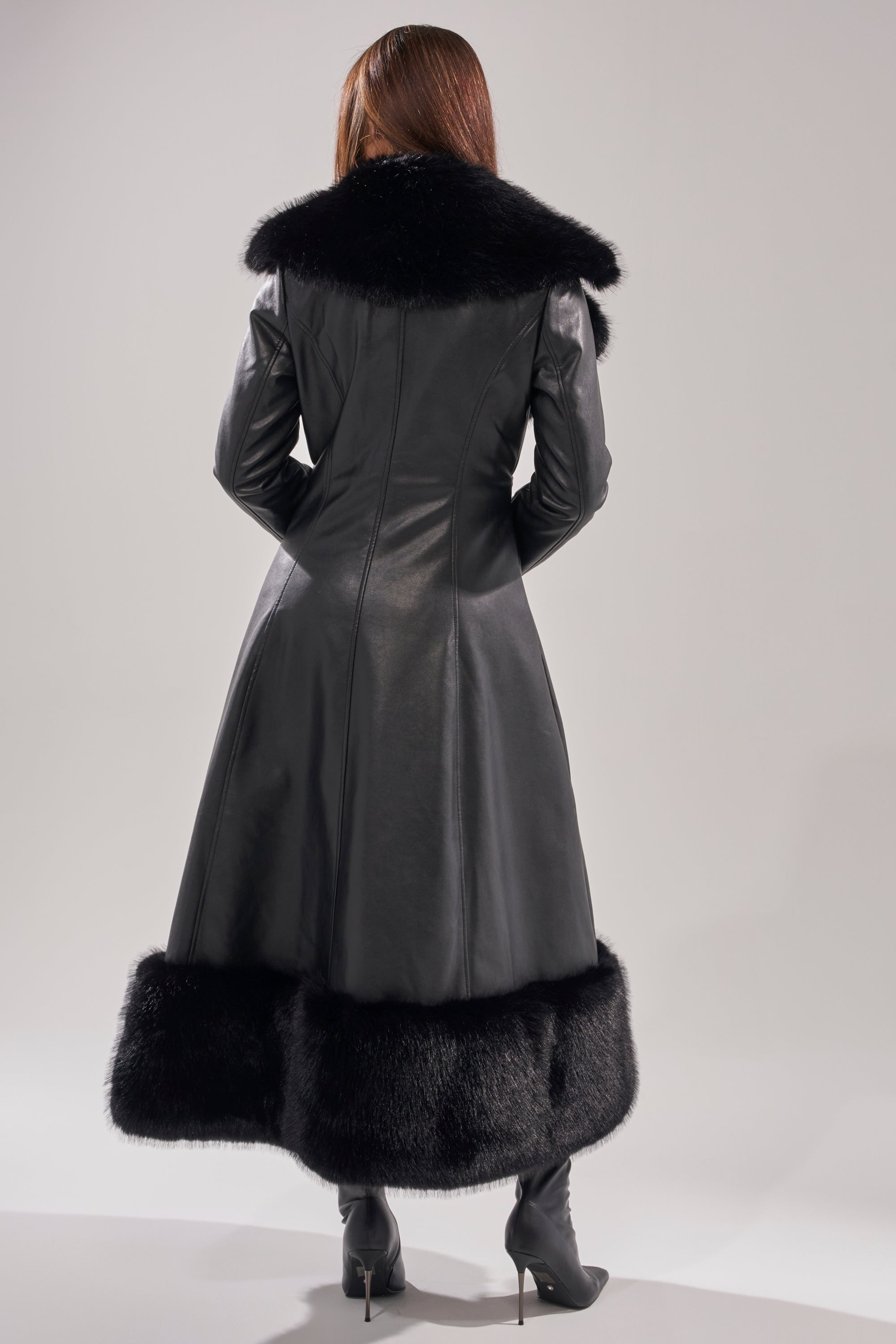VIVAN LONG PU TRENCH WITH FAUX FUR TRIM