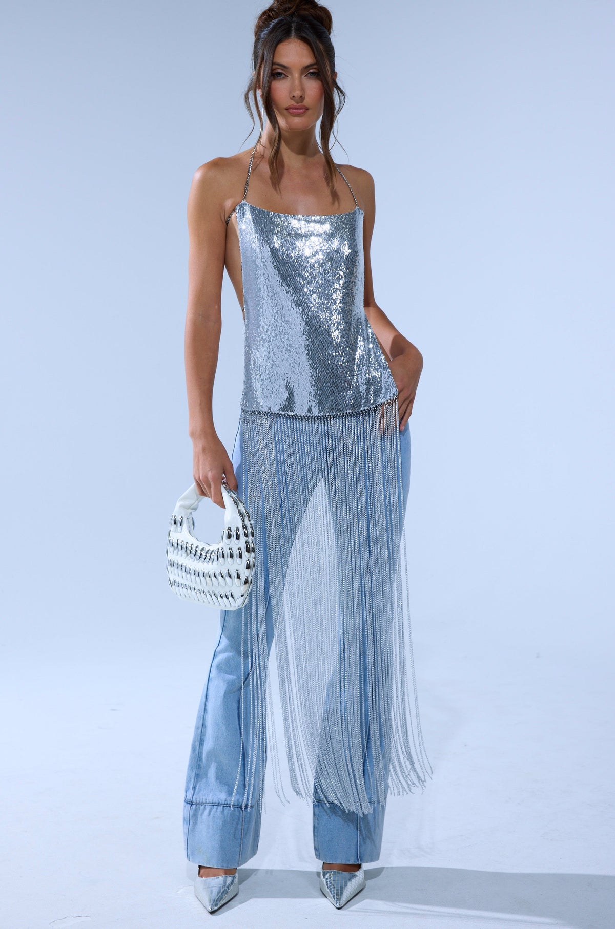 ONLY THINK ABOUT YOU SILVER RHINESTONE FRINGE TOP