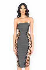 ALL THE RIGHT PLACES BANDAGE MIDI DRESS