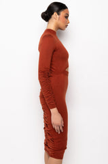 ALL THE RIGHT PLACES RUCHED BACK SWEATER DRESS rust