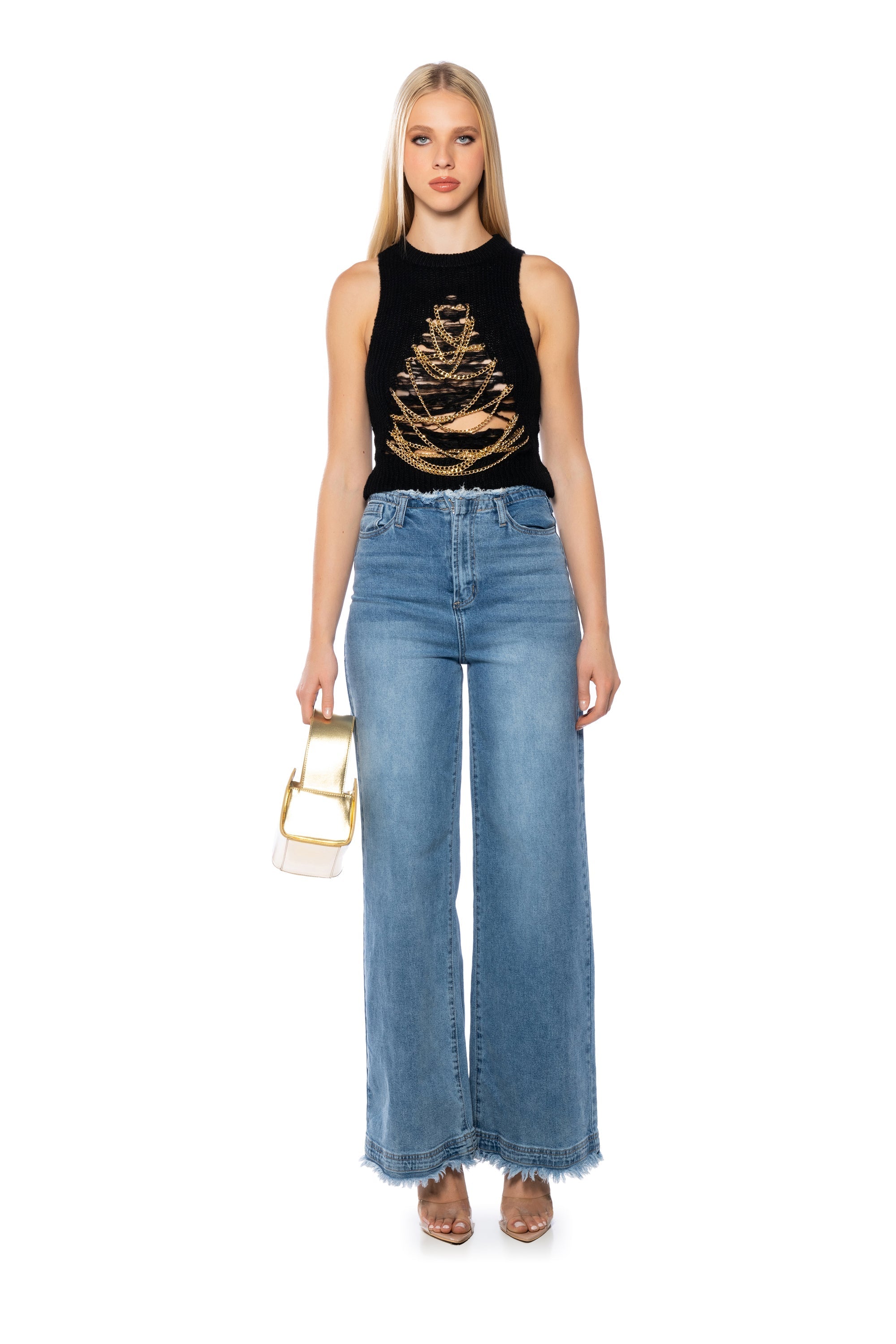 ARYA SLEEVELESS DISTRESSED CHAIN SWEATER