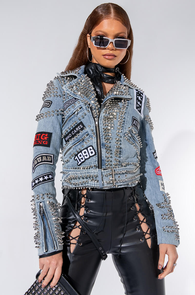 AZALEA WANG ACDC STUDDED PATCHWORK DENIM MOTO JACKET