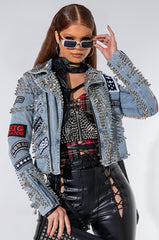 AZALEA WANG ACDC STUDDED PATCHWORK DENIM MOTO JACKET