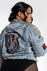 AZALEA WANG ACDC STUDDED PATCHWORK DENIM MOTO JACKET