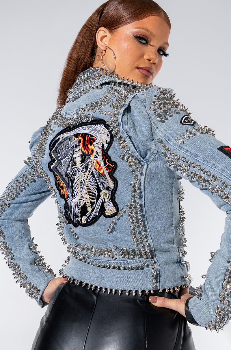 AZALEA WANG ACDC STUDDED PATCHWORK DENIM MOTO JACKET