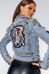 AZALEA WANG ACDC STUDDED PATCHWORK DENIM MOTO JACKET