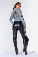 AZALEA WANG ACDC STUDDED PATCHWORK DENIM MOTO JACKET