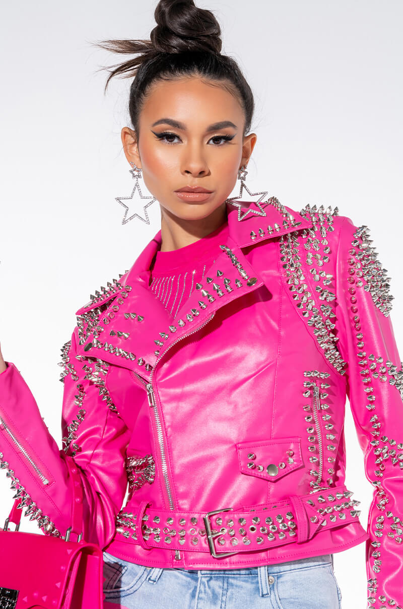 AZALEA WANG ALL PINK SOFI STUDDED MOTO JACKET