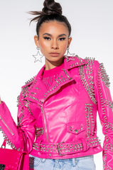 AZALEA WANG ALL PINK SOFI STUDDED MOTO JACKET