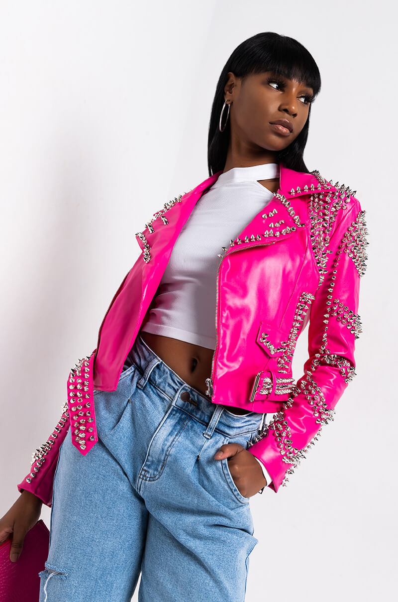 AZALEA WANG ALL PINK SOFI STUDDED MOTO JACKET