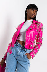 AZALEA WANG ALL PINK SOFI STUDDED MOTO JACKET