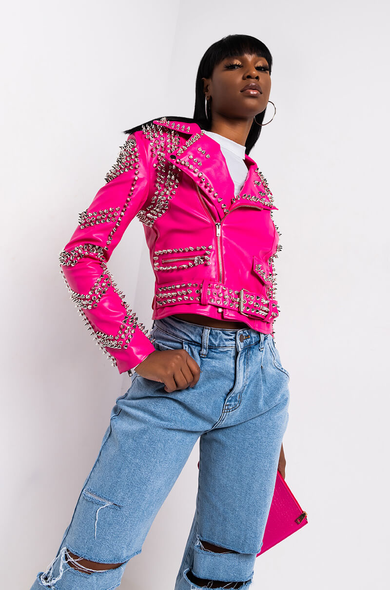 AZALEA WANG ALL PINK SOFI STUDDED MOTO JACKET