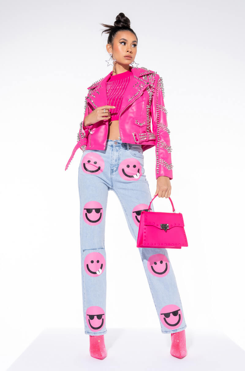 AZALEA WANG ALL PINK SOFI STUDDED MOTO JACKET