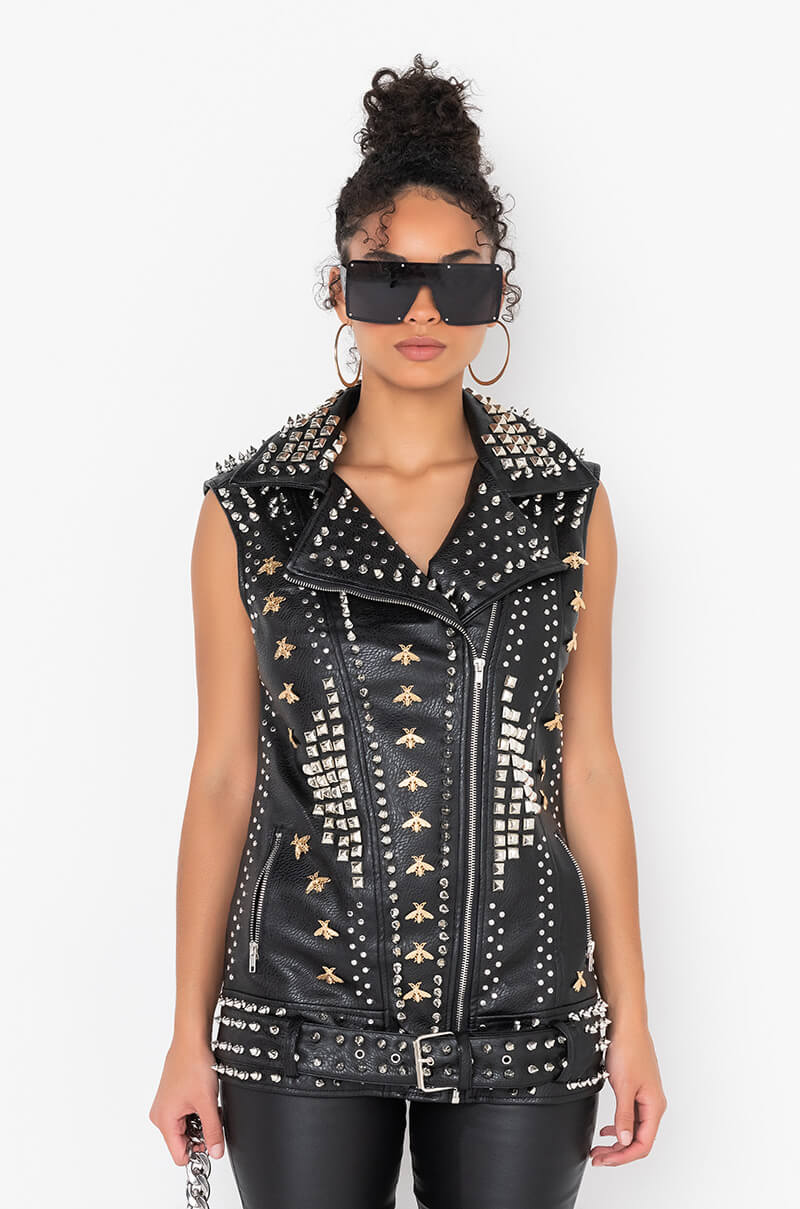 AZALEA WANG BEEHIVE STUDDED OUT OVERSIZED MOTO VEST